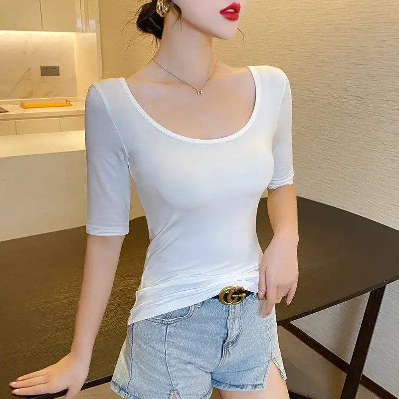 Slim Fit Modal T-Shirt JS Moda New Style Mid Sleeve Double U Neck Tight Body Top Trendy Women's Fashion V-neck T-shirt