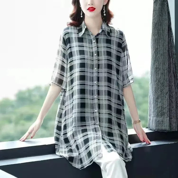 Spring Summer New Style Women's Chiffon Shirt Midi Length Sleeveless Top Fashionable Large Size Mommy Clothes Shirt