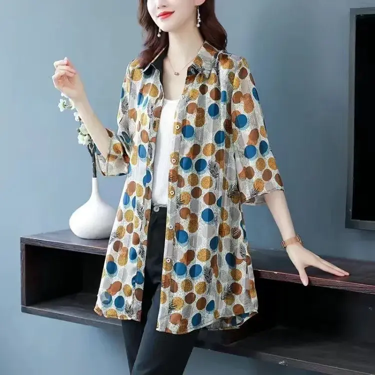 Spring Summer New Style Women's Chiffon Shirt Midi Length Sleeveless Top Fashionable Large Size Mommy Clothes Shirt