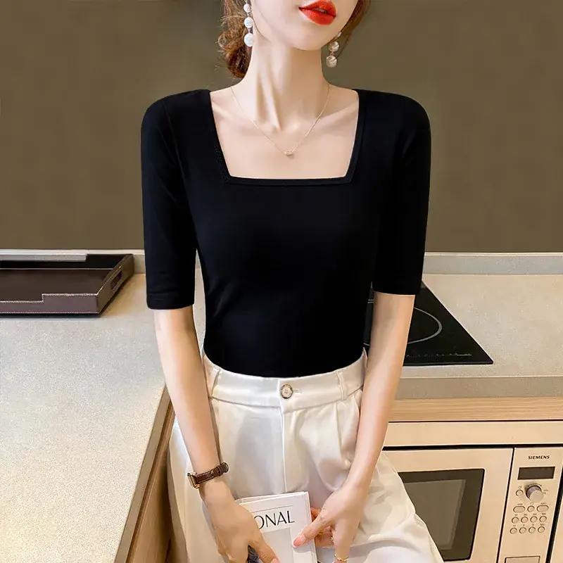 Pure Cotton Slim Fit Women's T-Shirt Blacksquare Collar Mid Sleeve Spring Autumn New Style Low Cut Base Half Sleeve Top