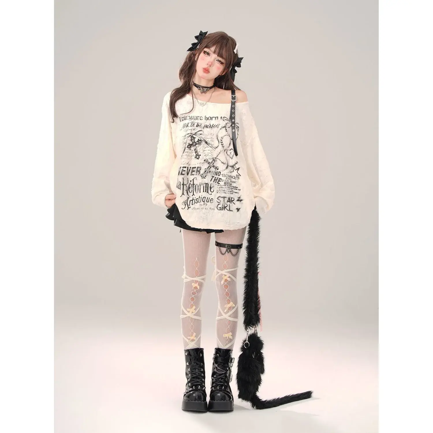 Sweet Spicy Girl Off-The-Shoulder Long Sleeve T-Shirt Women's Loose Fit Slimming Cover Up Sun Protection Top Trendy Early Autumn