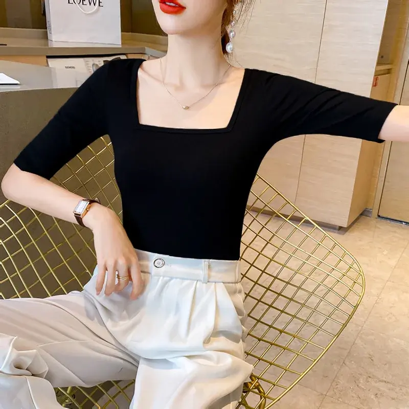 Pure Cotton Slim Fit Women's T-Shirt Blacksquare Collar Mid Sleeve Spring Autumn New Style Low Cut Base Half Sleeve Top