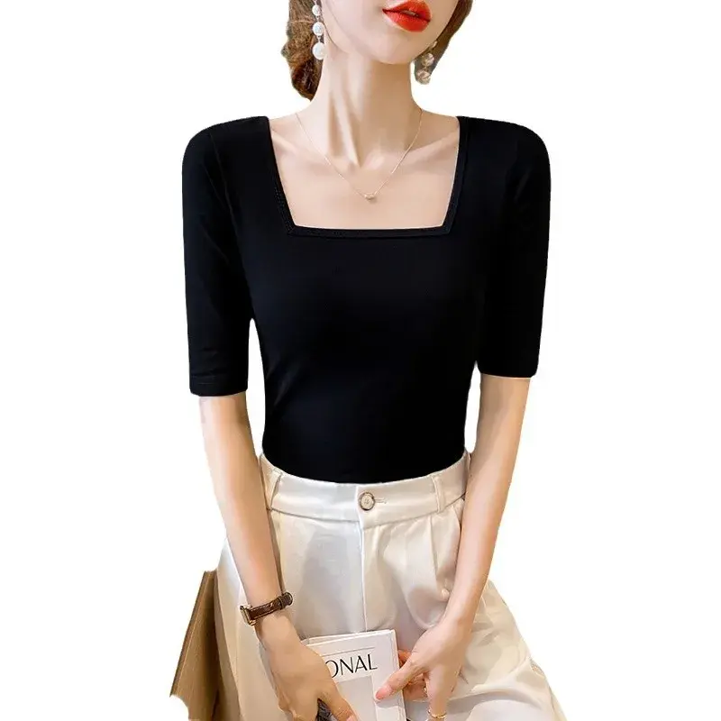 Pure Cotton Slim Fit Women's T-Shirt Blacksquare Collar Mid Sleeve Spring Autumn New Style Low Cut Base Half Sleeve Top