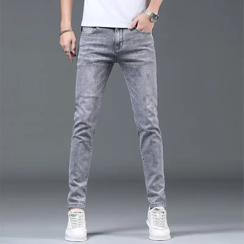 Light Grey Denim Trousers For Men New Spring Autumn Trendy Slim Fit Casual Korean Style Jeans Small Feet Big Size 5XL