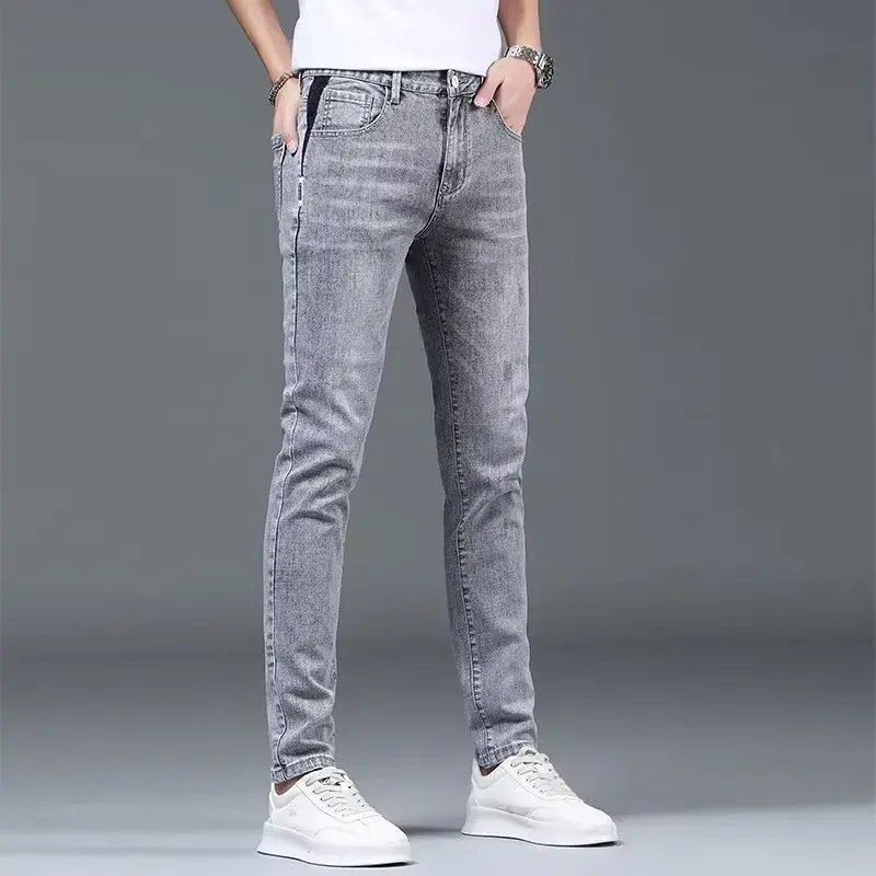 Light Grey Denim Trousers For Men New Spring Autumn Trendy Slim Fit Casual Korean Style Jeans Small Feet Big Size 5XL