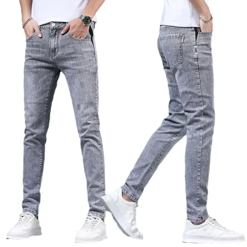 Light Grey Denim Trousers For Men New Spring Autumn Trendy Slim Fit Casual Korean Style Jeans Small Feet Big Size 5XL