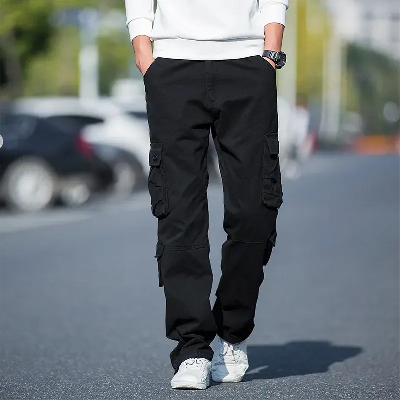 New Spring Men's Casual Pants Pure Cotton Plus Size Loose-Fit Cargo Pants Sports Straight-Leg Outdoor Multi-Pocket Trousers