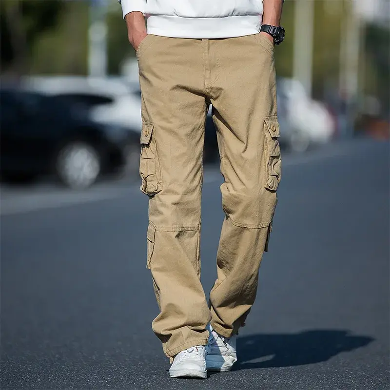 New Spring Men's Casual Pants Pure Cotton Plus Size Loose-Fit Cargo Pants Sports Straight-Leg Outdoor Multi-Pocket Trousers