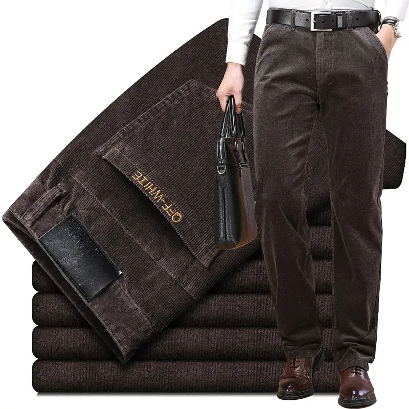 Corduroy Pure Cotton Elastic Men's Pants Autumn/Winter Straight-Leg Loose-Fit Casual Pants For Middle-Aged Men