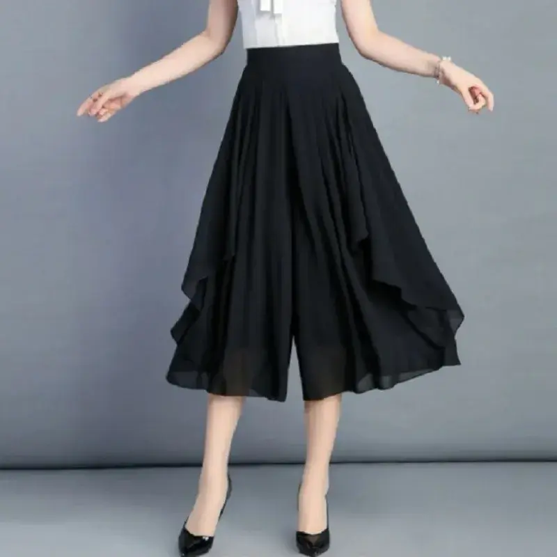 High-Waisted Slimming Chiffon Skirt Pants Thin Summer 3/4 Bell Bottoms Plus Size Elastic Waist Loose-Fit Women's Dress