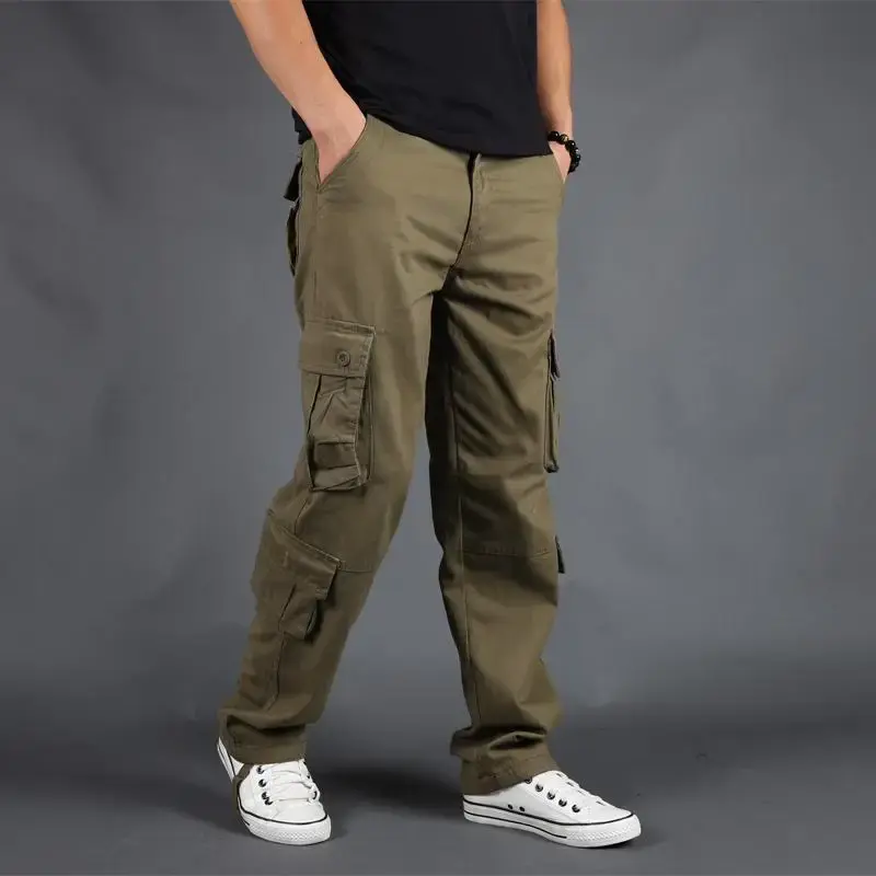 New Spring Men's Casual Pants Pure Cotton Plus Size Loose-Fit Cargo Pants Sports Straight-Leg Outdoor Multi-Pocket Trousers
