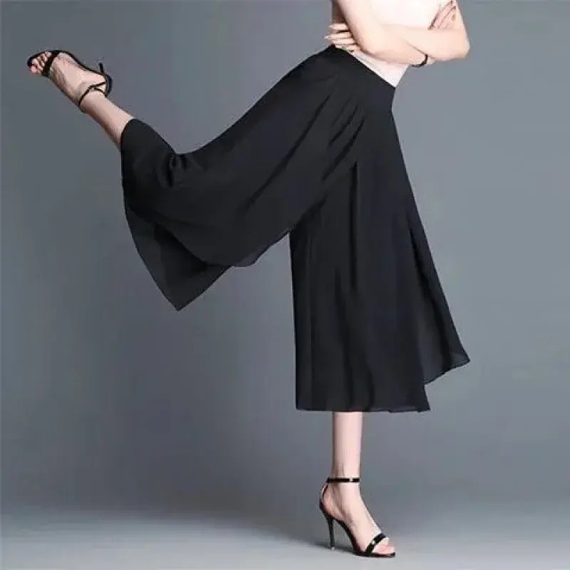 High-Waisted Slimming Chiffon Skirt Pants Thin Summer 3/4 Bell Bottoms Plus Size Elastic Waist Loose-Fit Women's Dress