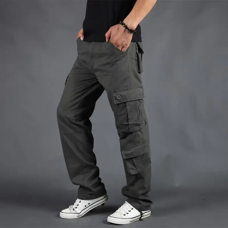 New Spring Men's Casual Pants Pure Cotton Plus Size Loose-Fit Cargo Pants Sports Straight-Leg Outdoor Multi-Pocket Trousers