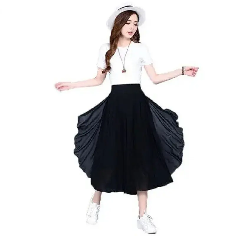 High-Waisted Slimming Chiffon Skirt Pants Thin Summer 3/4 Bell Bottoms Plus Size Elastic Waist Loose-Fit Women's Dress