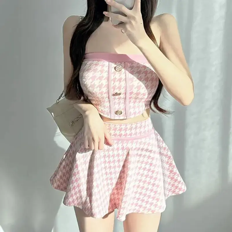 Korean Dongdaemun Spring Summer New Style Slim Fit Shoulder Bared Plaid Tube Top Skirt Two Piece Set Women Elegant
