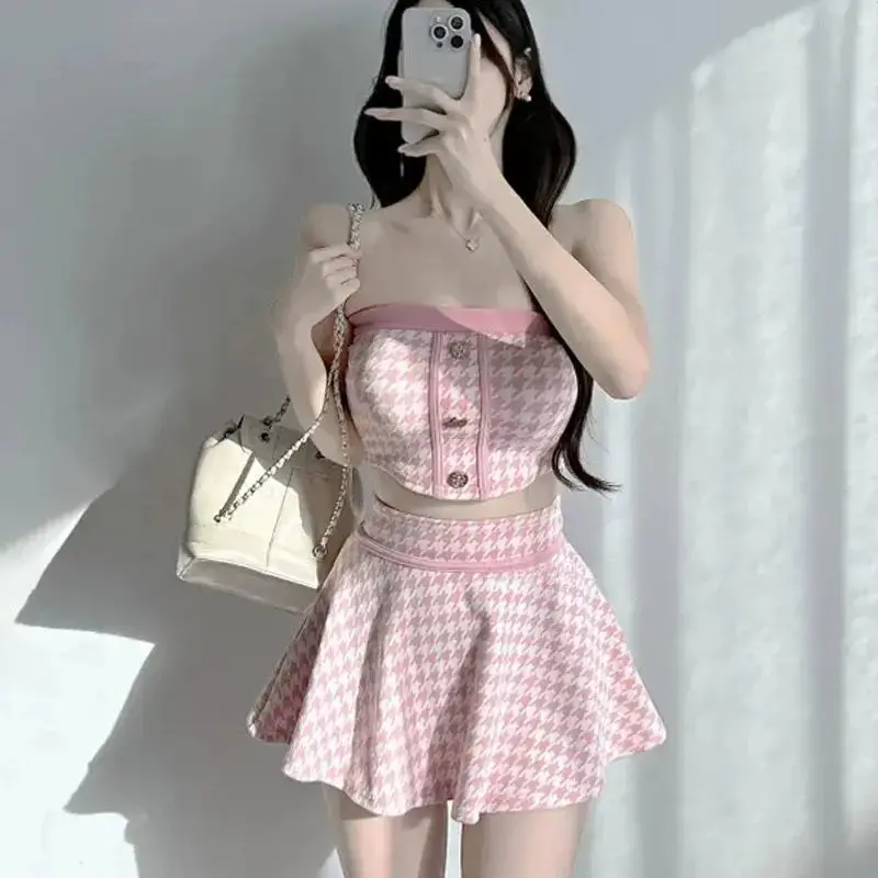 Korean Dongdaemun Spring Summer New Style Slim Fit Shoulder Bared Plaid Tube Top Skirt Two Piece Set Women Elegant