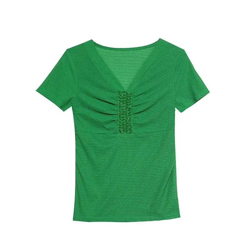 2024 Summer New Arrival Design SensibilityNicheV-Neck Embellished Short SleevesT-Shirt Women's Slimming Versatile Top