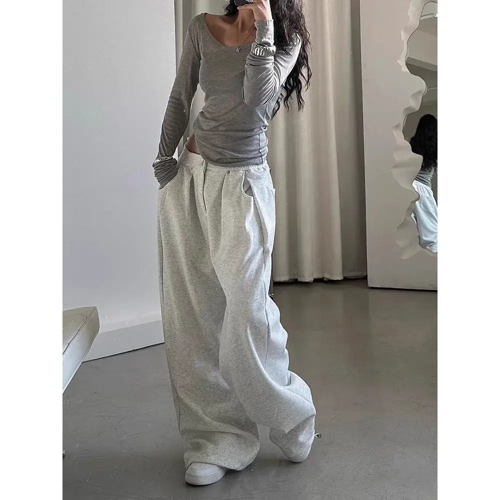 American Retro Sport Pants Women's Loose Wide Leg Casual Trousers Draping Floor-Length Sweatpants Autumn New Style Lazy