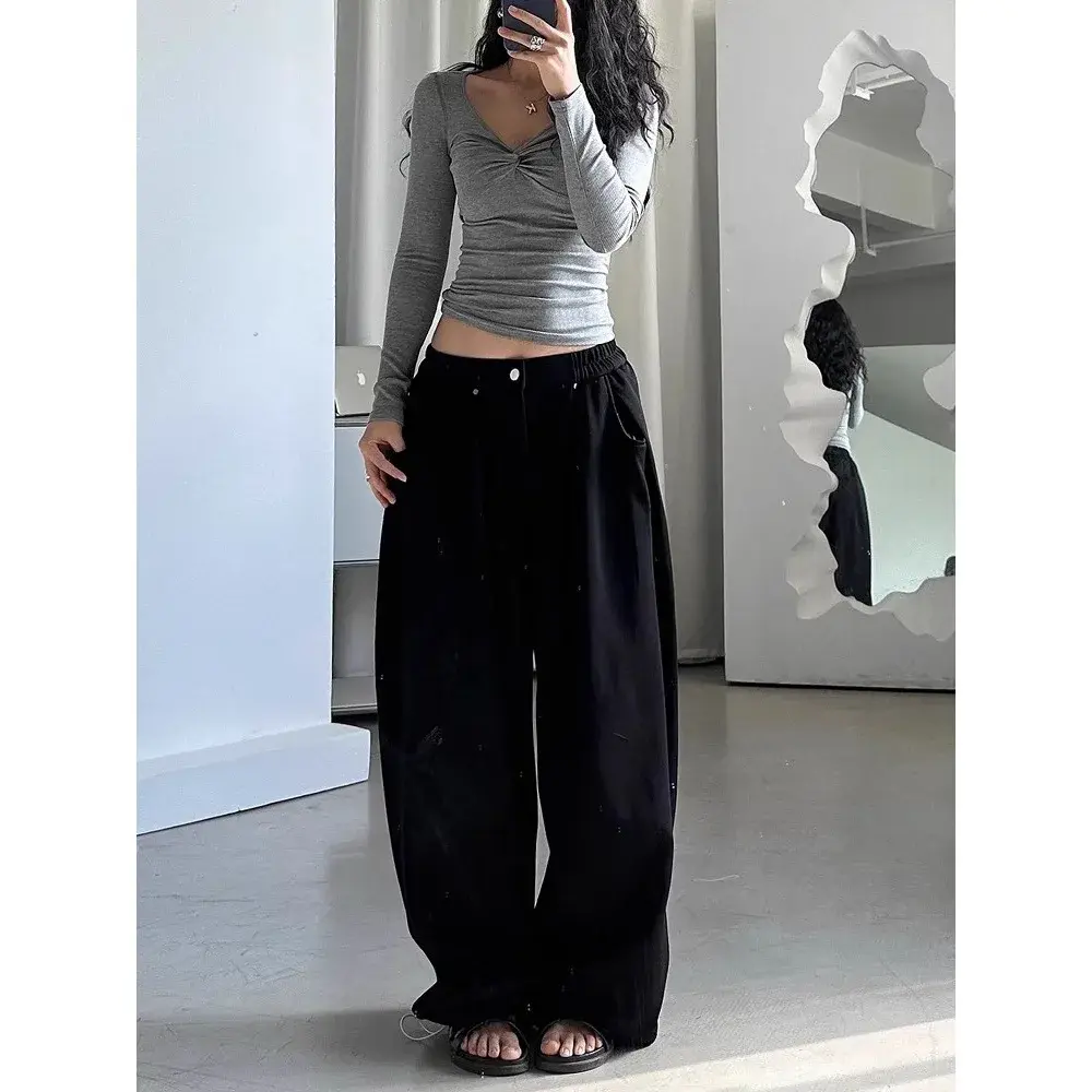 American Retro Sport Pants Women's Loose Wide Leg Casual Trousers Draping Floor-Length Sweatpants Autumn New Style Lazy
