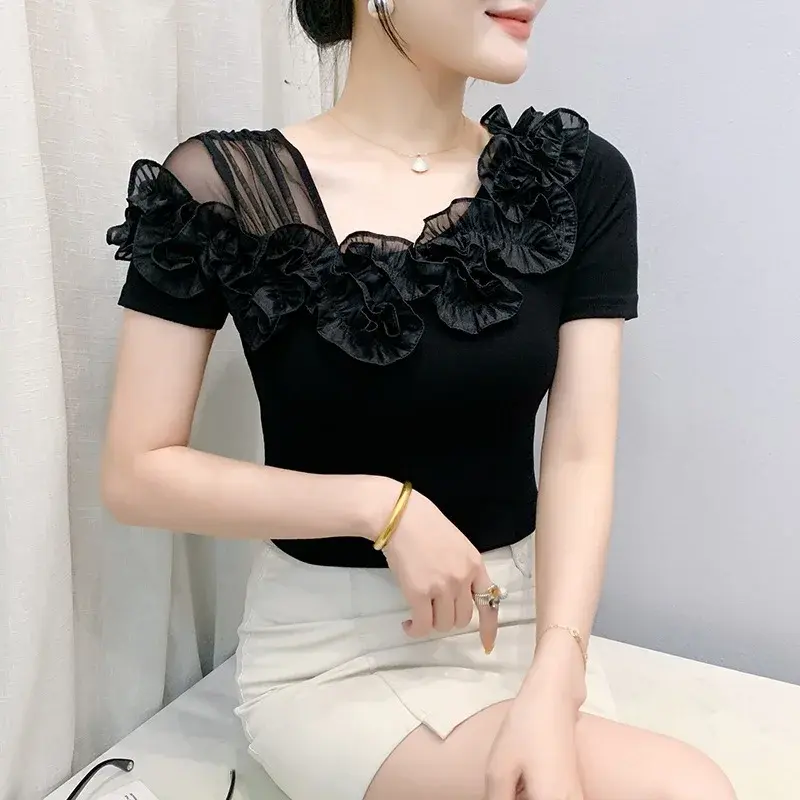 Fashionable Floral Lace Trim Short Sleeve Slim Fit T-Shirt Shoulder Bared Summer New Arrival Women's Top Versatile Mini Shirt