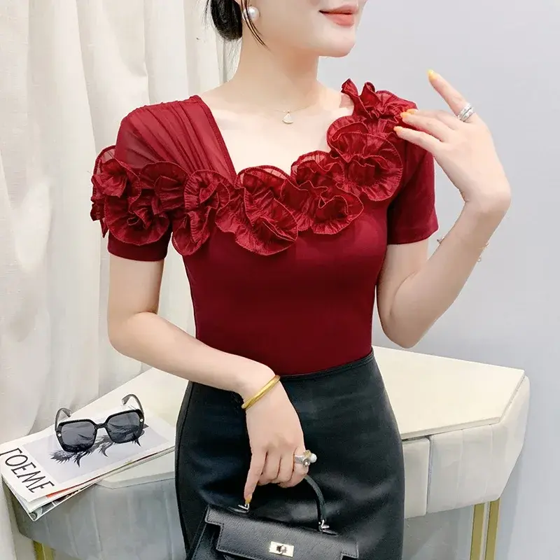 Fashionable Floral Lace Trim Short Sleeve Slim Fit T-Shirt Shoulder Bared Summer New Arrival Women's Top Versatile Mini Shirt