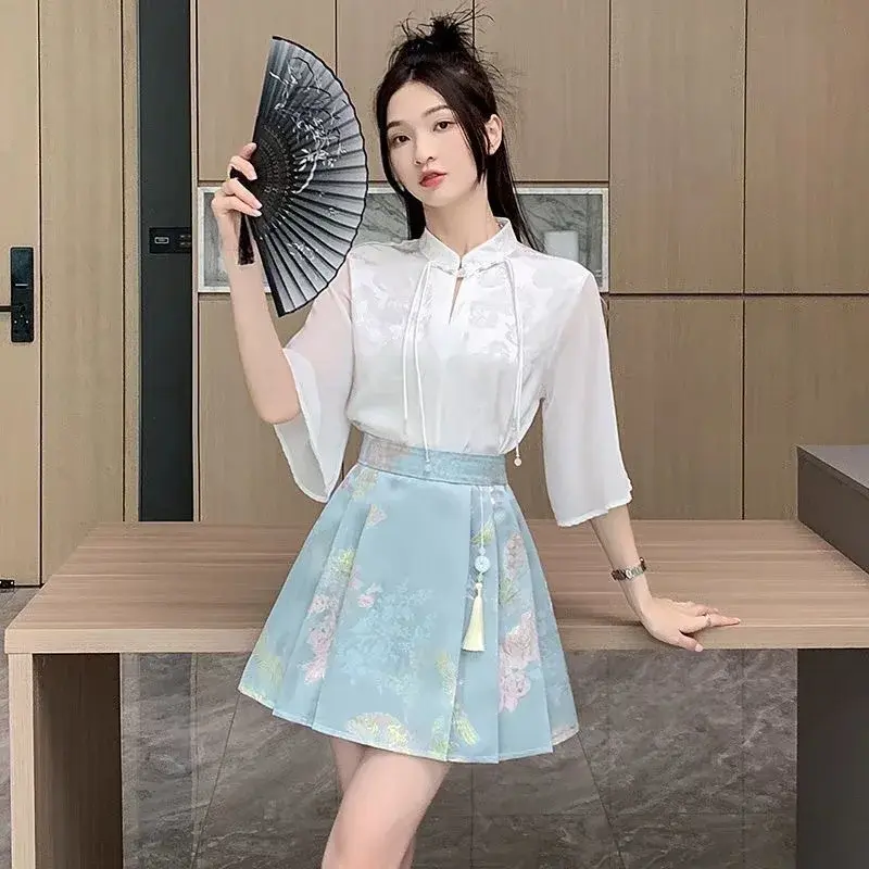 New Chinese Style A- Line Mini Skirt Women's Spring Summer 2025 Elegant National Trend Short Skirt with Safety Pants