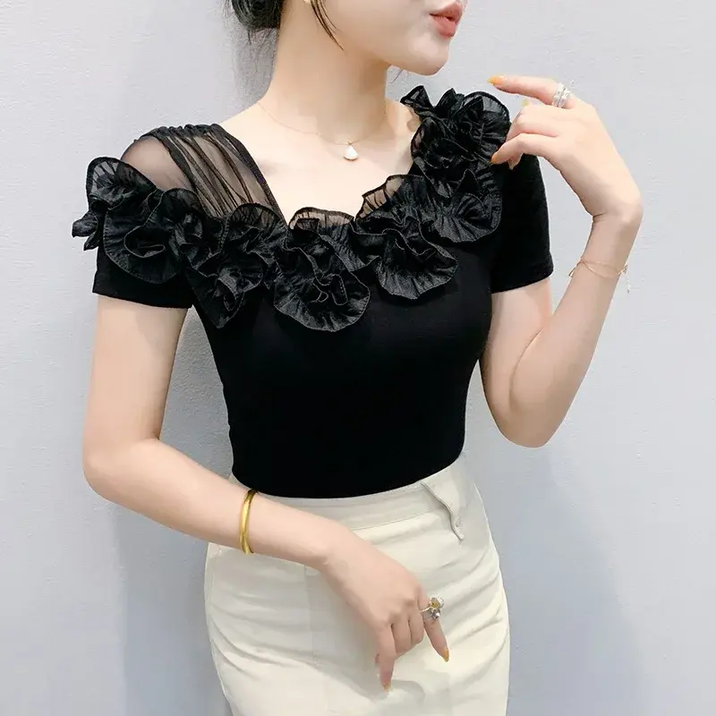 Fashionable Floral Lace Trim Short Sleeve Slim Fit T-Shirt Shoulder Bared Summer New Arrival Women's Top Versatile Mini Shirt