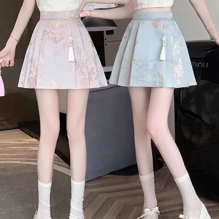 New Chinese Style A- Line Mini Skirt Women's Spring Summer 2025 Elegant National Trend Short Skirt with Safety Pants