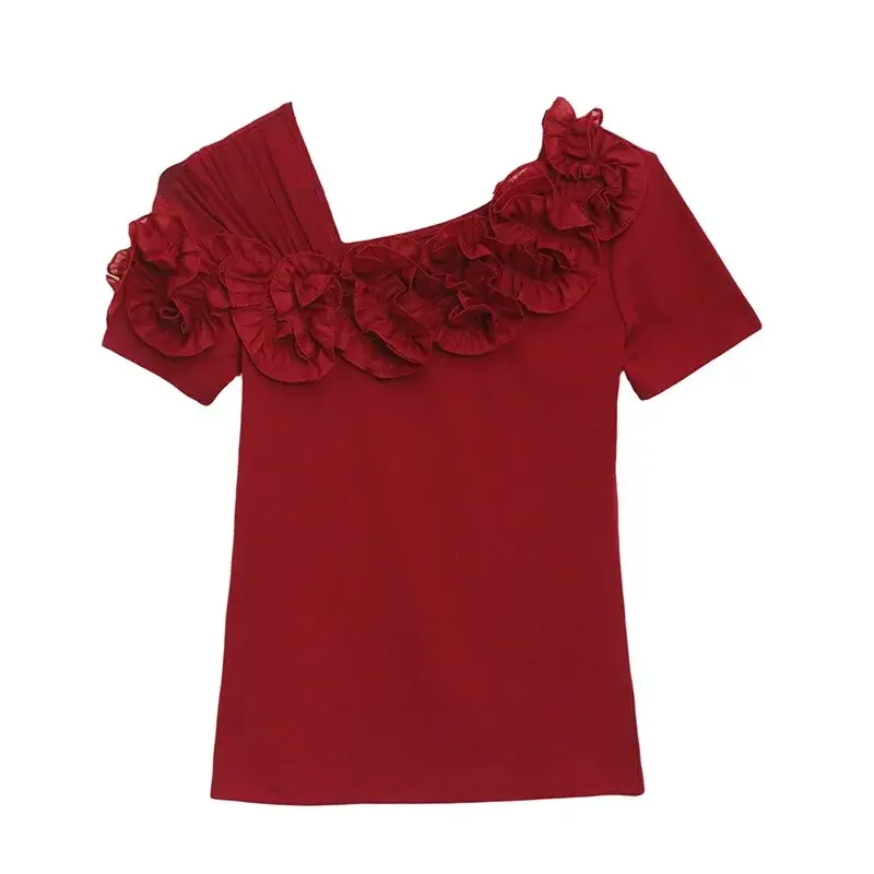Fashionable Floral Lace Trim Short Sleeve Slim Fit T-Shirt Shoulder Bared Summer New Arrival Women's Top Versatile Mini Shirt