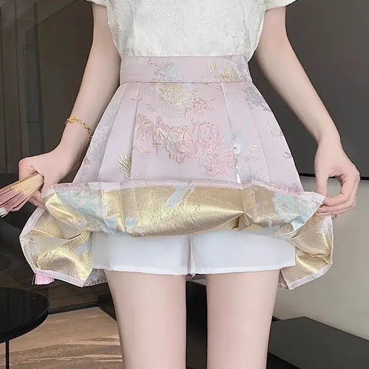New Chinese Style A- Line Mini Skirt Women's Spring Summer 2025 Elegant National Trend Short Skirt with Safety Pants