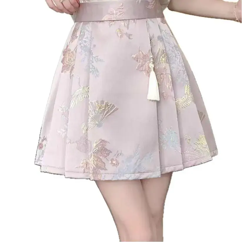 New Chinese Style A- Line Mini Skirt Women's Spring Summer 2025 Elegant National Trend Short Skirt with Safety Pants