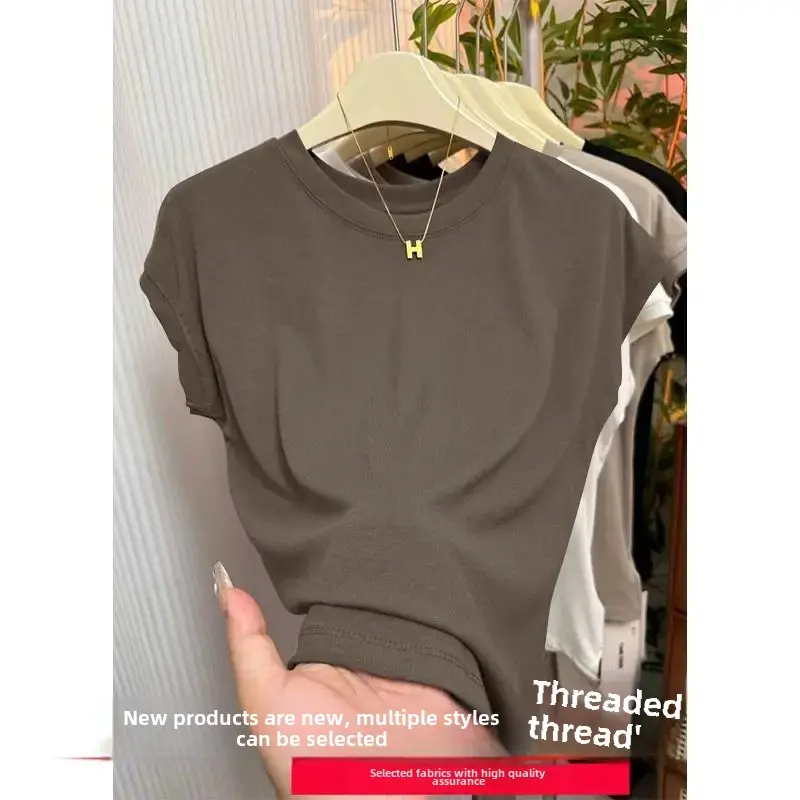 Black Short Sleeve Slim Fit T-Shirt Women's Summer Design Unique Style Pure Color Small Flying Sleeve Top for Spicy Girls