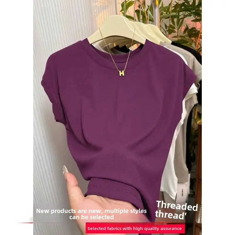 Black Short Sleeve Slim Fit T-Shirt Women's Summer Design Unique Style Pure Color Small Flying Sleeve Top for Spicy Girls