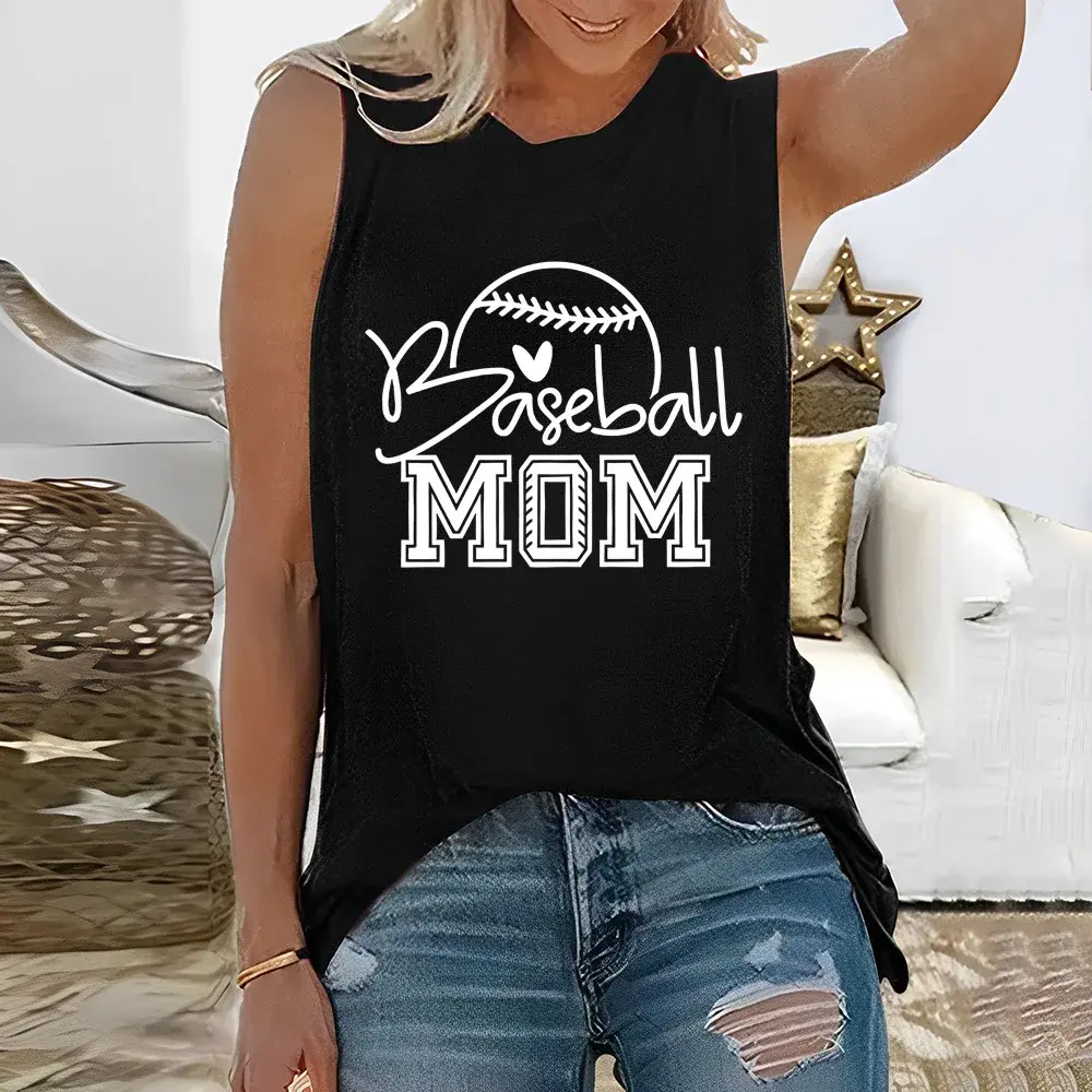 New Arrival Loose-Fit Casual Baseball Mom Printed Round Neck Sleeveless Women's T-Shirt Cotton Crew Neck Fun Decoration