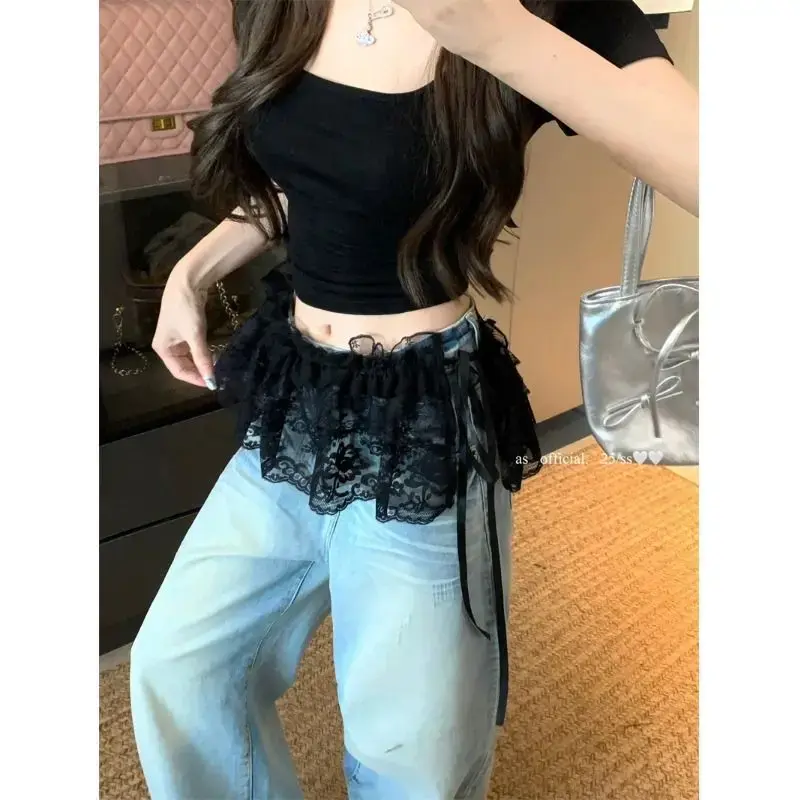 White Lace Underwear Skirt Half-length Women's Style Base Layer Cake Style Denim Pants Overlap Summer Skirt Cover