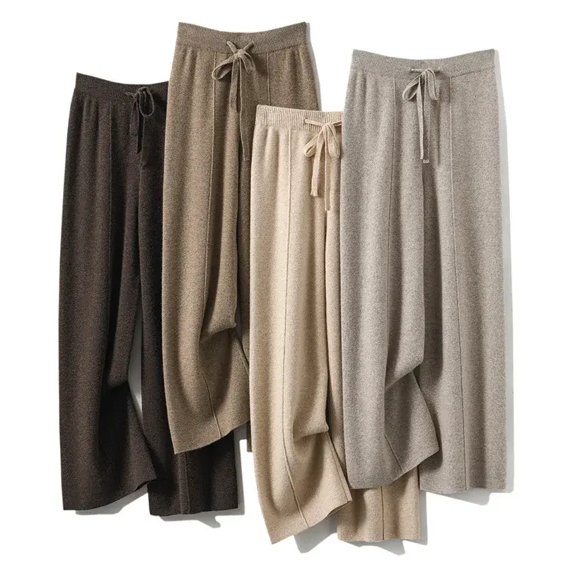 High Waist Cashmere Wide Leg Pants Women Casual Drapey Wool Floor Length Glutinous Women Pants Outdoor Knitted Woolen Trousers A
