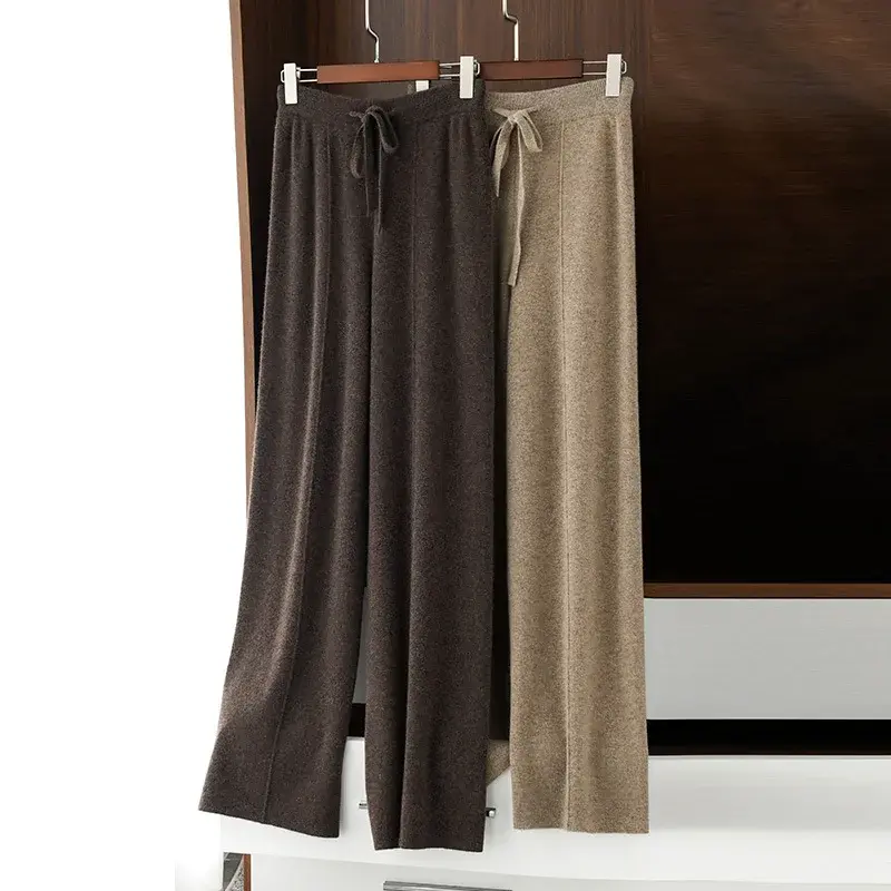 High Waist Cashmere Wide Leg Pants Women Casual Drapey Wool Floor Length Glutinous Women Pants Outdoor Knitted Woolen Trousers A
