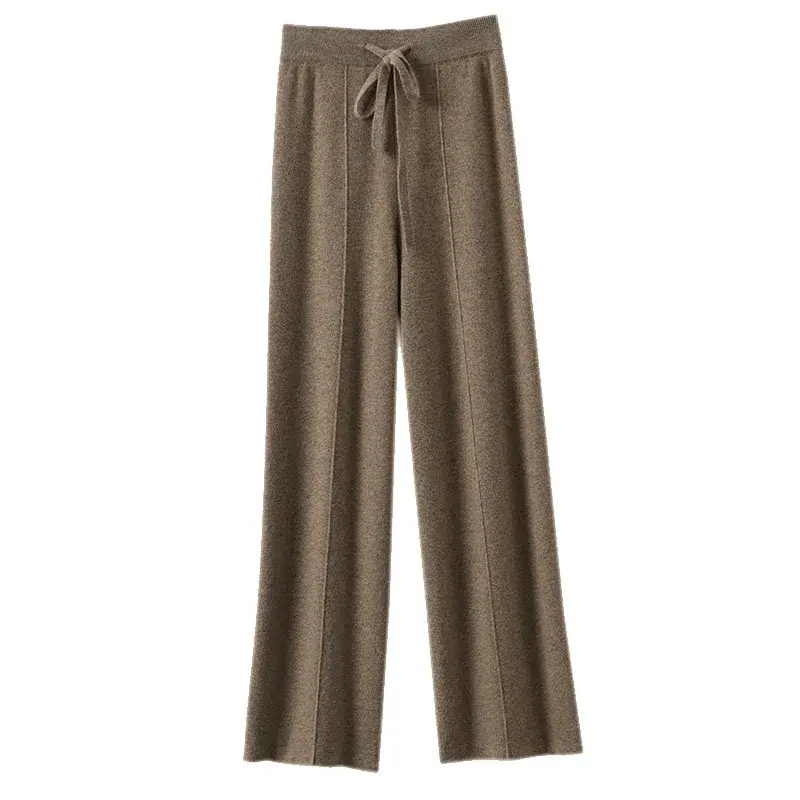 High Waist Cashmere Wide Leg Pants Women Casual Drapey Wool Floor Length Glutinous Women Pants Outdoor Knitted Woolen Trousers A