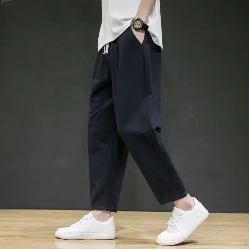 Men's Summer Loose-fit Linen Cotton Pants Trendy Lightweight Versatile Casual Sweatpants Cropped Pants For Men