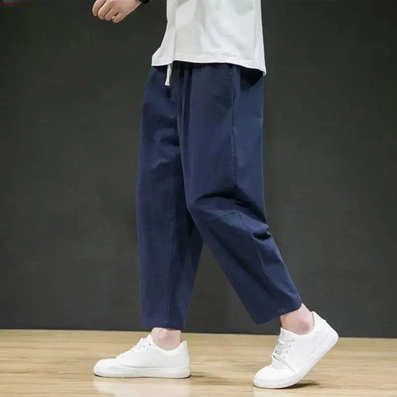 Men's Summer Loose-fit Linen Cotton Pants Trendy Lightweight Versatile Casual Sweatpants Cropped Pants For Men