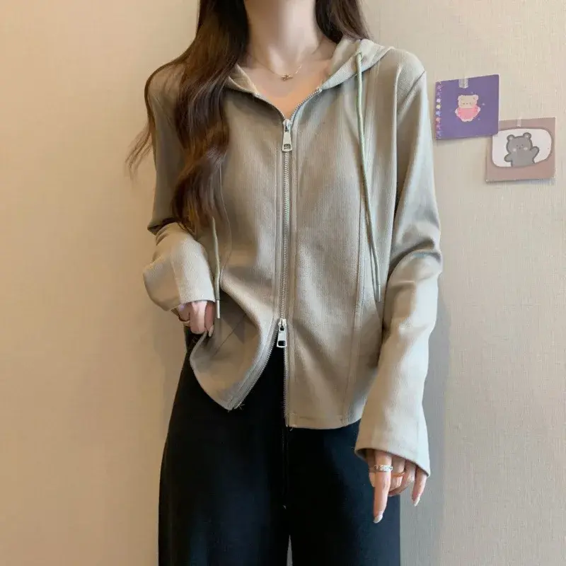Irregular Hooded Long Sleeve T-Shirt Women's Spring Autumn 2024 New Style Loose Fit Slimming Double Zip Top Women's Clothing