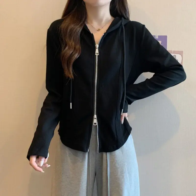 Irregular Hooded Long Sleeve T-Shirt Women's Spring Autumn 2024 New Style Loose Fit Slimming Double Zip Top Women's Clothing