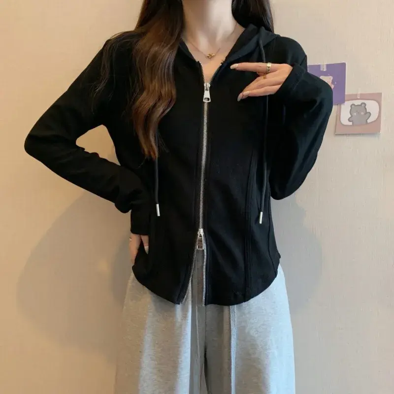 Irregular Hooded Long Sleeve T-Shirt Women's Spring Autumn 2024 New Style Loose Fit Slimming Double Zip Top Women's Clothing
