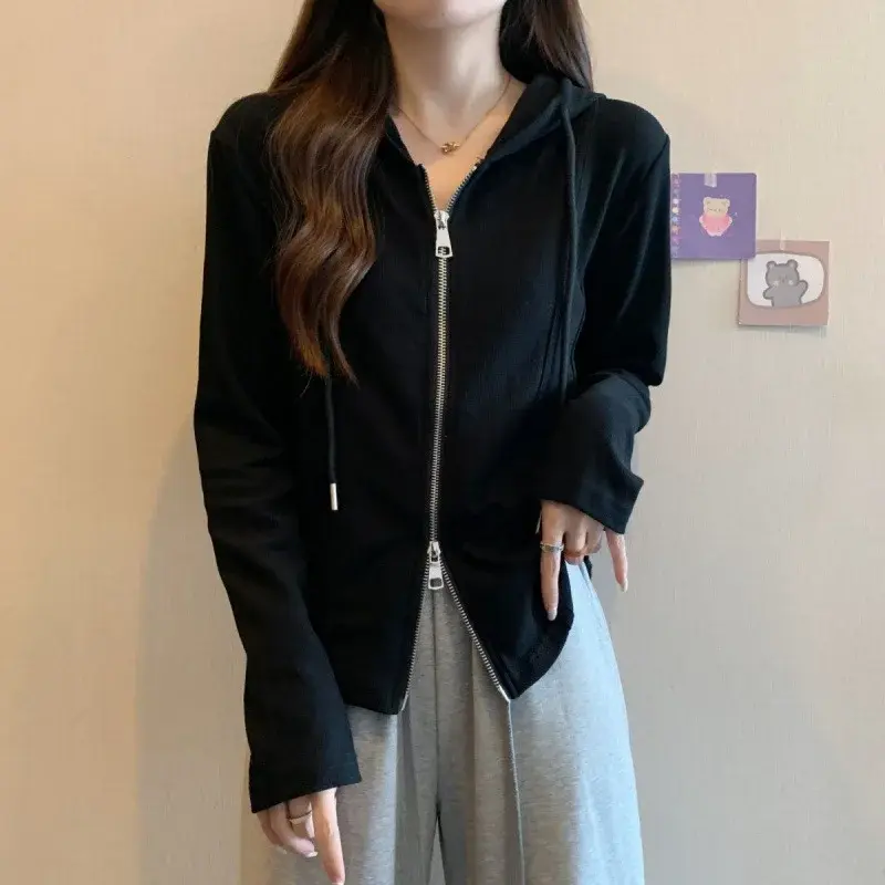Irregular Hooded Long Sleeve T-Shirt Women's Spring Autumn 2024 New Style Loose Fit Slimming Double Zip Top Women's Clothing