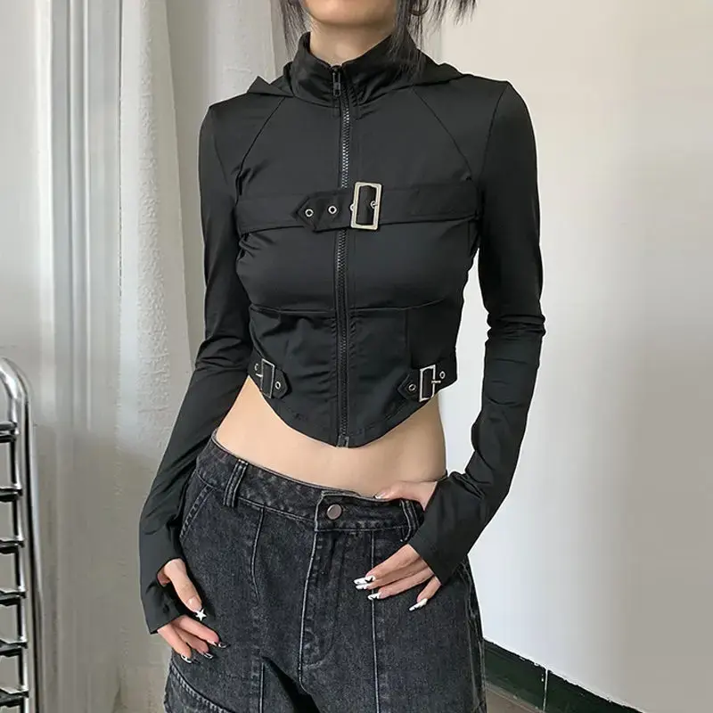 Women's Motorcycle Jacket Design Sensibility Stand Collar T-shirt Slimming Autumn Top Cool Spicy Girl Slim Fit Top