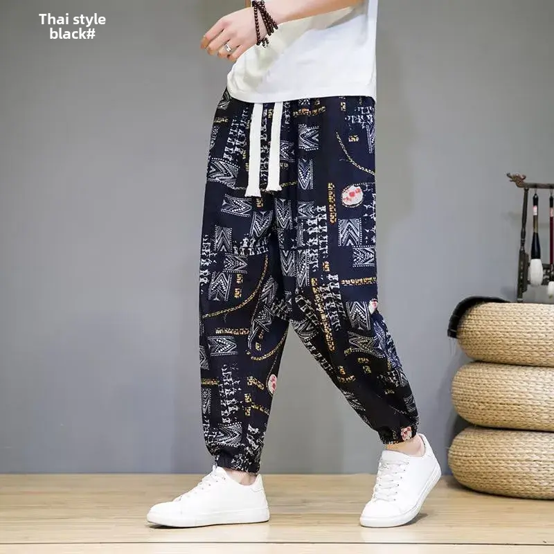 Men's Bloomers Casual Harajuku Style Loose Fit Hemp Vintage Printing Pants Cropped For Spring Autumn