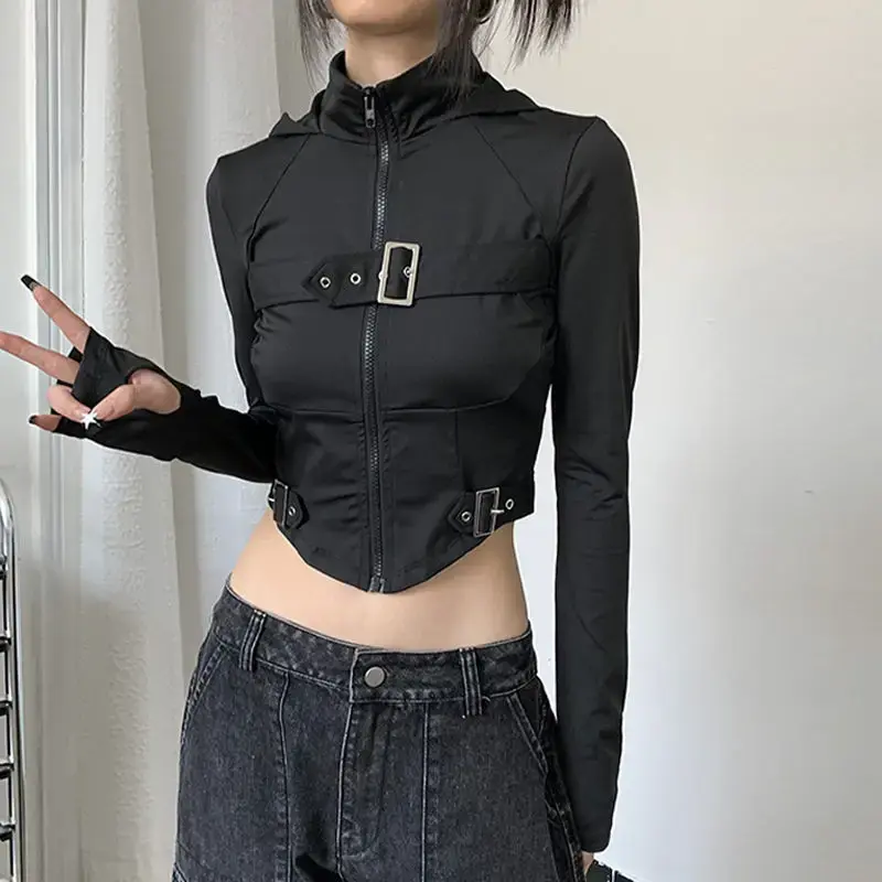Women's Motorcycle Jacket Design Sensibility Stand Collar T-shirt Slimming Autumn Top Cool Spicy Girl Slim Fit Top