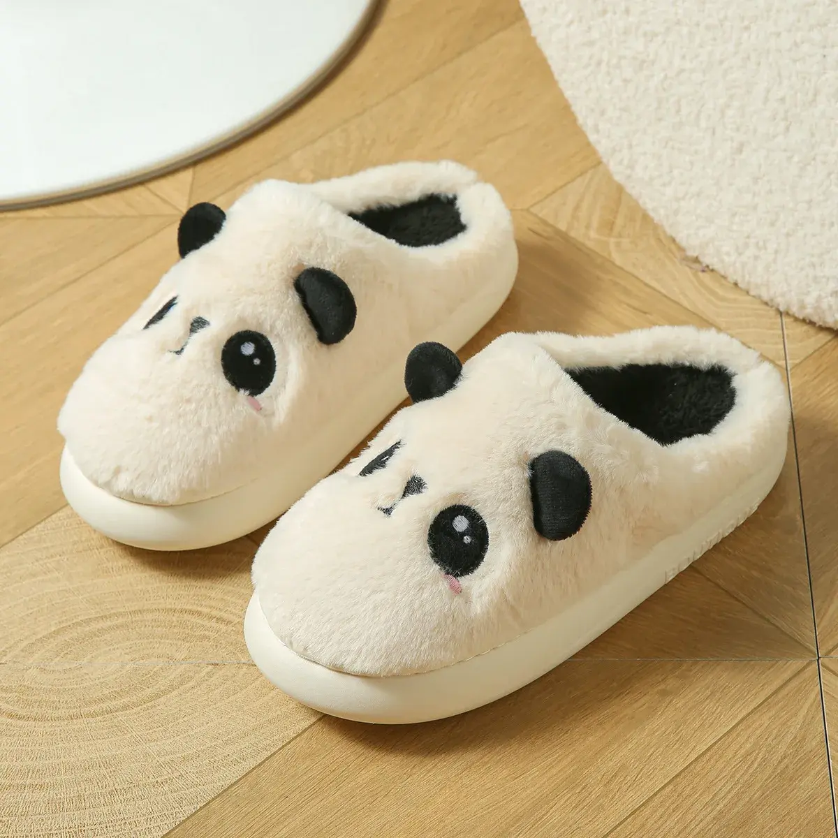 2024 New Couple Soft Bottom Non-Slip Sweat Absorbent Plush Slippers Cute Panda Design For Autumn/Winter Warm Comfort