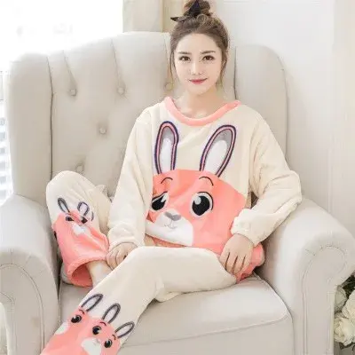 Cute Cartoon Floral Velvet Pullover Pajama Set Women's Loose-fit Round Neck Home Clothes Suit Winter Cuddly Sleepwear