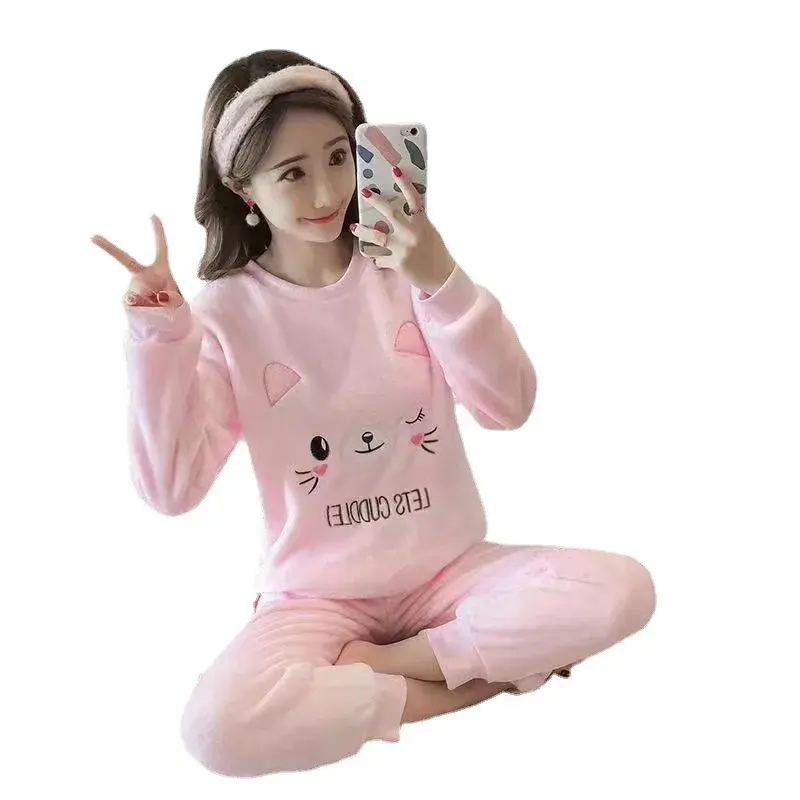 Cute Cartoon Floral Velvet Pullover Pajama Set Women's Loose-fit Round Neck Home Clothes Suit Winter Cuddly Sleepwear